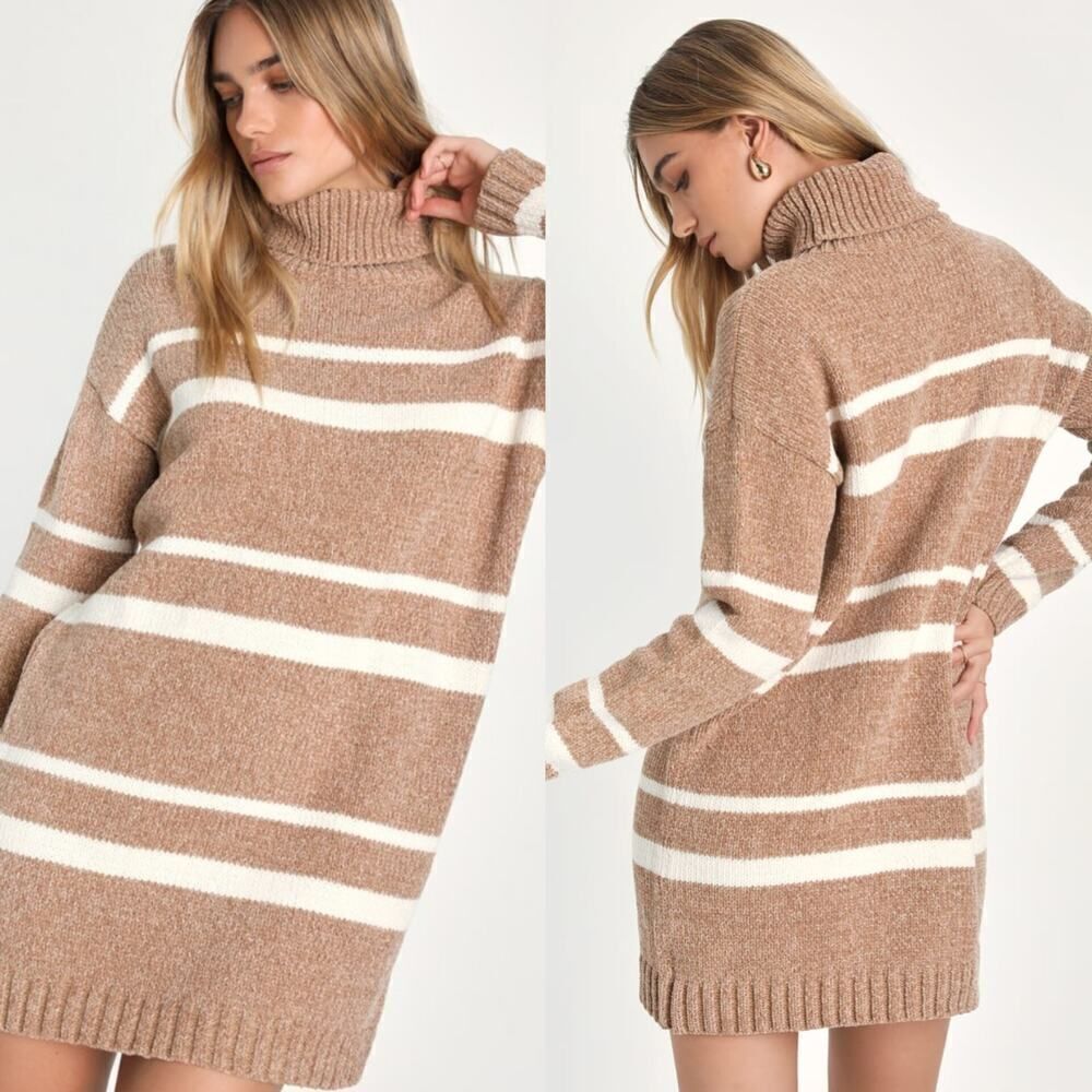 Lulus Casual Attitude Beige Striped Turtleneck Mini Sweater Dress M NWT - Picture 3 of 9